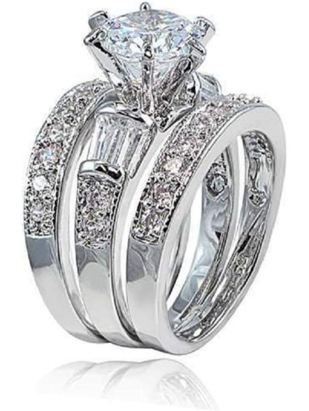 Vintage Emerald Cut CZ Engagement Ring Set - 925 Sterling Silver Bridal Rings